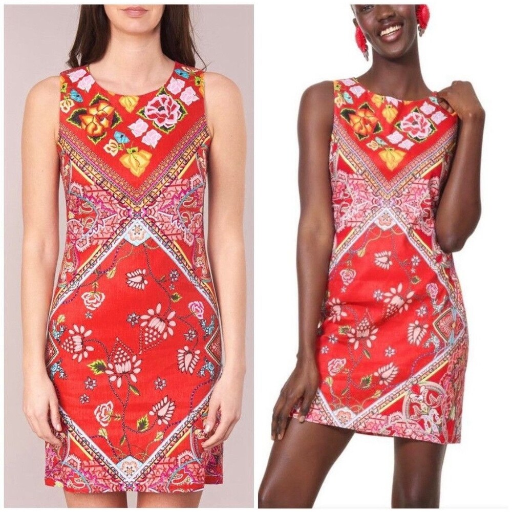 DESIGUAL Shift Dress Red Lisa Foulard Linen Blend Sleeveless Size 38 /S